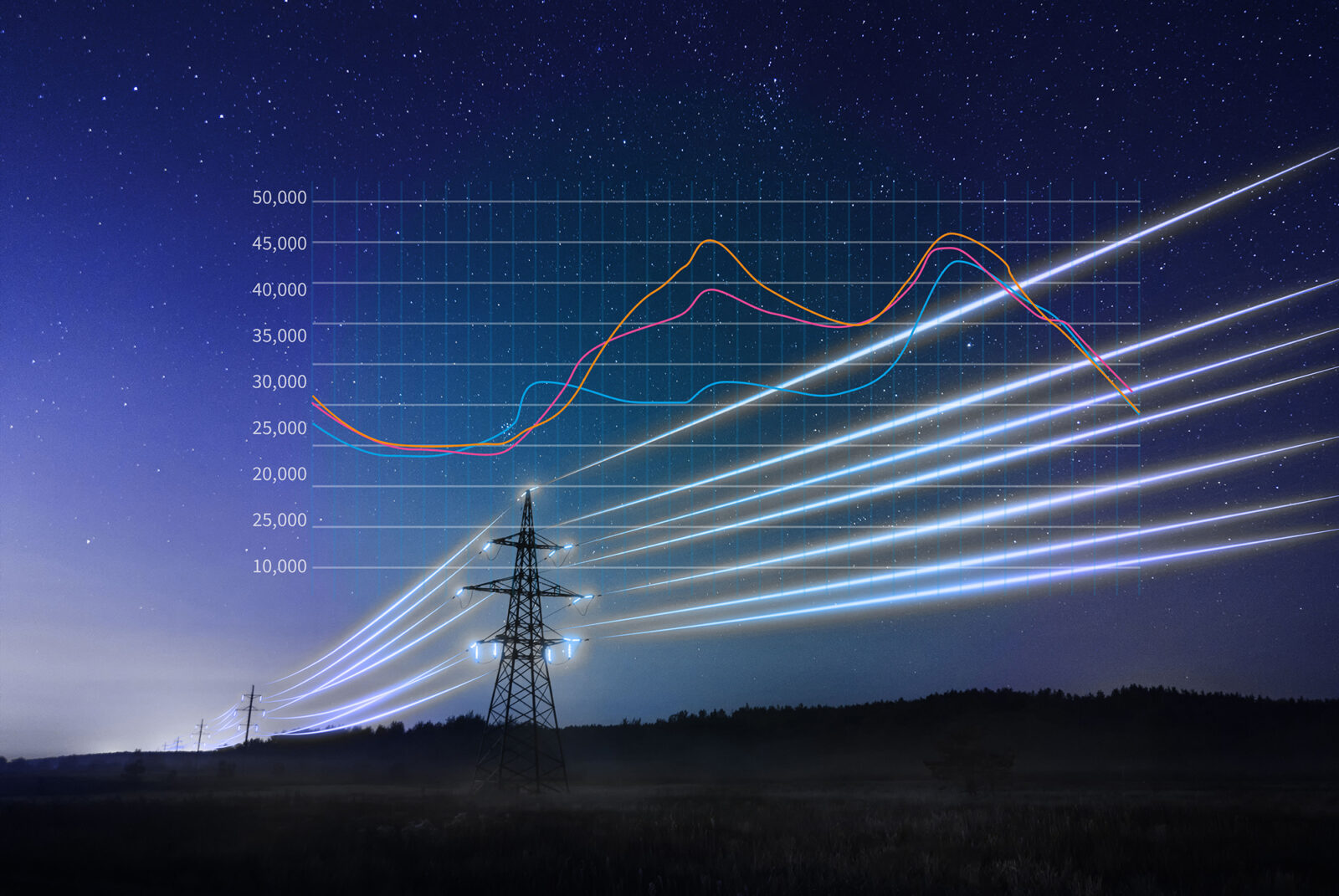 Electricity transmission towers with orange glowing wires the st