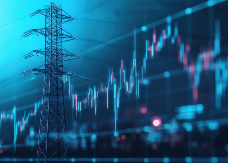 stock market graph with electric pole with blue black energy bus